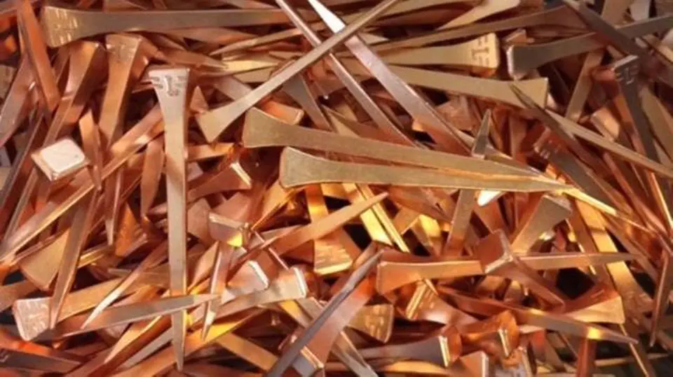 Copper coated horseshoe nails used on brittle hooves, Hook Norton Farriers, Oxfordshire