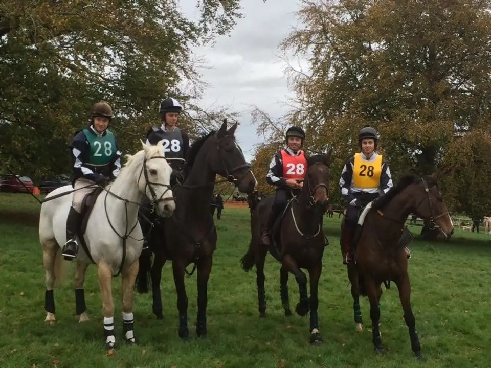 Horses and riders out from the yard at Hook Norton Farriers, Oxfordshire